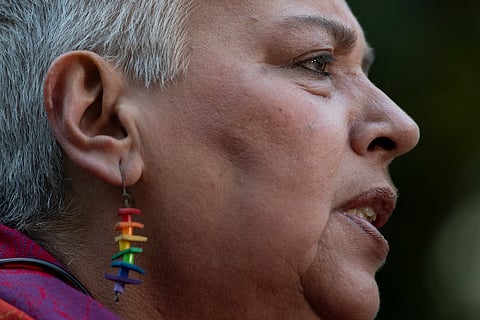 Stella Belia, head of same-sex family support group, Rainbow Families, speaks during an interview with The Associated Press, in Athens, Greece, on Thursday, Feb. 8, 2024.