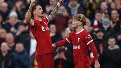 Liverpool's Uruguayan striker #09 Darwin Nunez (L) celebrates his goal against Burnley.