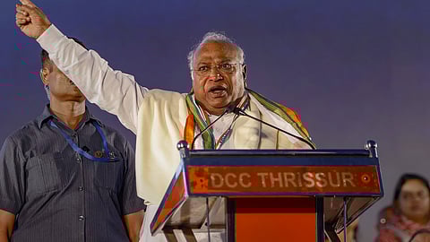 Congress President Mallikarjun Kharge addresses 'Maha Jan Sabha', a booth workers' convention, in Thrissur