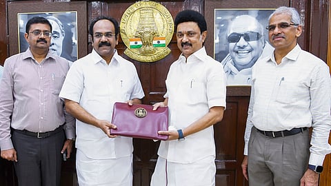 Tamil Nadu Chief Minister M K Stalin with Finance Minister Thangam Thennarasu ahead of presentation of the State Budget 2024-25 in the Assembly, in Chennai, on Feb. 19, 2024.