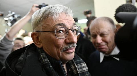 Oleg Orlov, a Russian human rights campaigner and co-chair of the Nobel Prize-winning Memorial group charged with "discrediting" the Russian army, arrives in court for his verdict hearing in Moscow, on Feb 27, 2024.