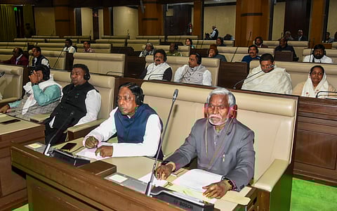 Jharkhand Chief Minister Champai Soren with other MLAs during the floor test of his government, in the state Assembly, in Ranchi