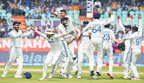 India players celebrate Ben Stokes’ wicket in the second Test on Monday, Feb 5, 2024.