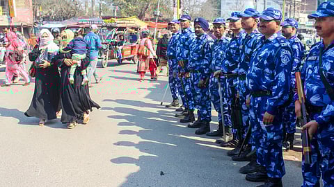 Rapid Action Force (RAF) personnel deployed in a sensitive area, a day after violence in Uttarakhand's Haldwani over the demolition of an 'illegally built' madrasa.