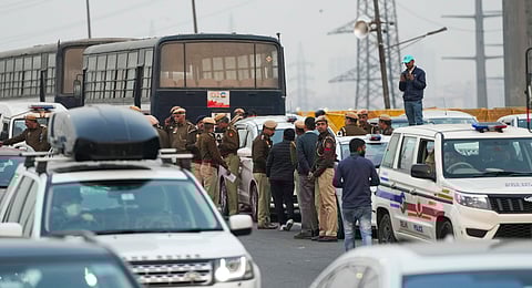 Security personnel deployed at Ghazipur border given farmers' 'Delhi Chalo March', in New Delhi, Sunday, Feb. 11, 2024.