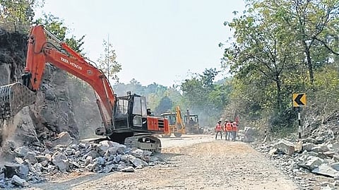 Stone blasting work underway at Dwarsuni ghat