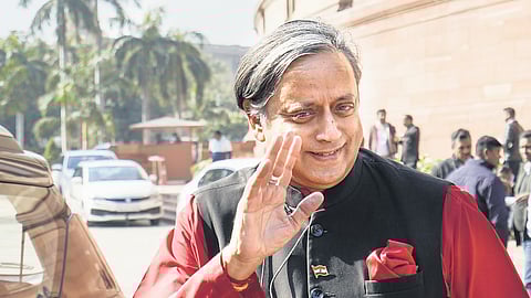 Congress MP Shashi Tharoor at Parliament House complex during the Budget session in New Delhi on Wednesday.