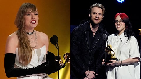 L-R: Taylor Swift accepts the award for best pop vocal album for "Midnights" during the 66th annual Grammy Awards on Feb. 4, 2024, in Los Angeles. / Finneas, left, and Billie Eilish accept the award for best song written for visual media for "What Was I Made For?" from "Barbie".