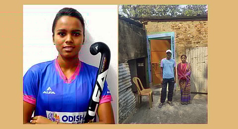 Jyoti Chhetri (left), Bhim and Seema, Jyoti’s parents, outside the house