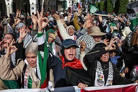 Protesters gesture during a demonstration in Rabat on February 11, 2024 in solidarity with Palestinians amid Israel's ongoing bombardment of the Gaza Strip as the war with the militant Hamas group continues.