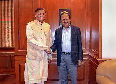 Bangladesh Foreign Minister Hasan Mahmud and National Security Advisor Ajit Doval during a meeting in New Delhi (Photo | PTI)