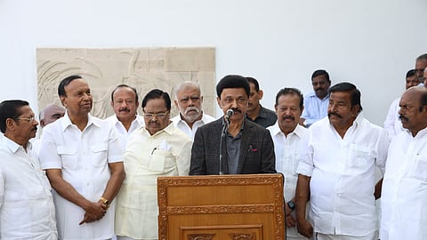 Tamil Nadu Chief Minister MK Stalin address the press at Chennai Airport after his trip to Spain.