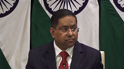 Randhir Jaiswal, the spokesperson for the Ministry of External Affairs, addresses a press briefing in New Delhi on Thursday.