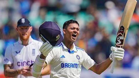 India's Yashasvi Jaiswal celebrates scoring 200 runs during the 4th day of the 3rd cricket Test match between India and England in Rajkot.