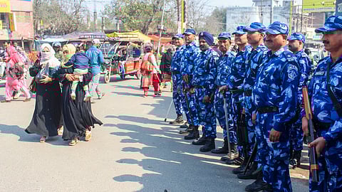 Rapid Action Force (RAF) personnel deployed in a sensitive area, a day after violence in Uttarakhand's Haldwani over the demolition of an 'illegally built' madrasa, in Meerut.