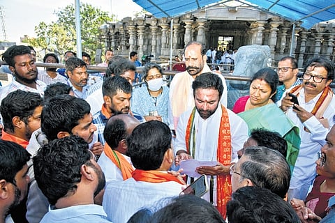 Union Tourism Minister G Kishan Reddy inspects the ongoing Kalyanamandapam works at the historic Thousand Pillar Temple in Hanamkonda on Tuesday