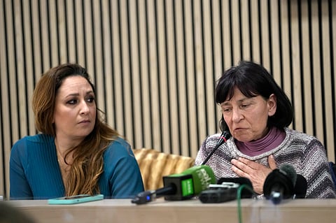 Lawyer Laura Sgro, left, listens to Gloria Branciani during a press conference in Rome, Wednesday, Feb. 21, 2024.