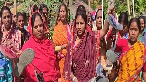 Women demonstrate demanding TMC leader Shajahan Sheikh's arrest, in Sandeshkhali.