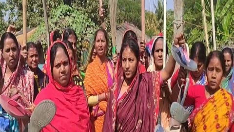 Women demonstrate demanding TMC leader Shajahan Sheikh's arrest in Sandeshkhali.