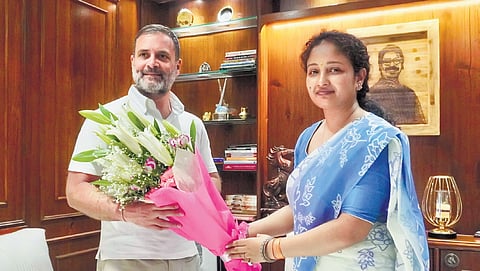 Rahul Gandhi with Hemant Soren’s wife Kalpana Soren in Ranchi on Monday.