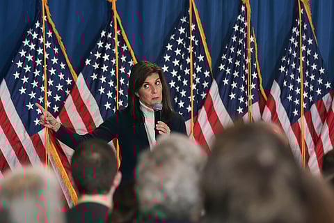 Republican presidential candidate and former United Nations Ambassador Nikki Haley speaks at a campaign.
