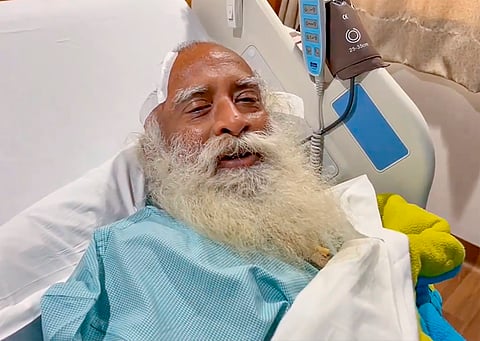 Spiritual leader Sadhguru Jaggi Vasudev after an emergency brain surgery, at Indraprastha Apollo Hospital in New Delhi.