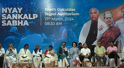Mumbai: Congress leaders Rahul Gandhi and Priyanka Gandhi Vadra with the great-grandson of Mahatma Gandhi Tushar Gandhi and others during the party's 'Nyay Sankalp Sabha', in Mumbai, Sunday, March 17, 2024.