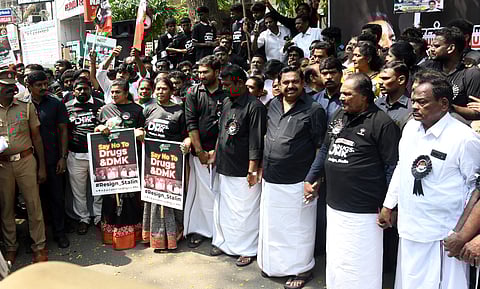 AIADMK partymen led by EPS staging protest in Chennai.
