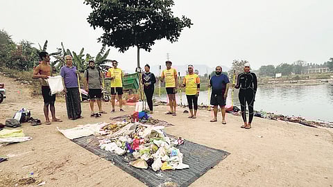 Residents and walkers joined hands with AWARA Swim & Rescue Academy members to clear trash accumulated on the banks of Krishna river