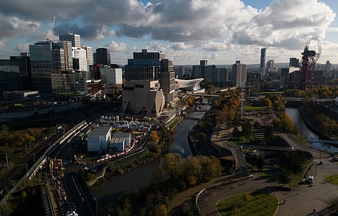 An aerial photograph taken on November 28, 2023 shows buildings in the Queen Elizabeth Olympic park, in Stratford, east London.
