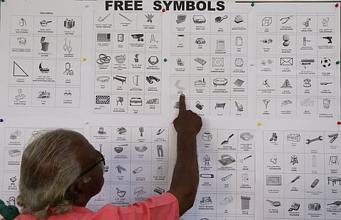 20/03/2024, TN, PONDICHERRY: An independent candidate points at an electoral symbols of free symbols for independents as nominations for the elections