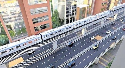 A 3D model of the elevated corridor from Paradise Junction to Dairy Farm Road, NH-44 for which Chief Minister A Revanth Reddy (right) laid the foundation stone in Hyderabad on Saturday