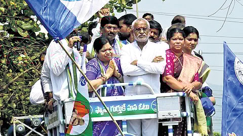 Rajya Sabha MP YV Subba Reddy with YSRC’s Visakhapatnam Lok Sabha nominee Botcha Jhansi & South constituency candidate Vasupalli Ganesh during a poll campaign in One Town in Vizag on Wednesday