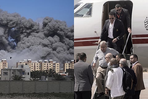 Smoke rises following an Israeli airstrike in the central Gaza Strip, Friday, March 22, 2024.(L) United Nations Secretary General Antonio Guterres arrives at El Arish International Airport, before his visit to the Rafah border crossing between Egypt and the Gaza Strip, Saturday, March 23, 2024.(R)