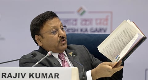 Chief Election Commissioner Rajiv Kumar during announcement of the schedule for General Elections 2024, in New Delhi on Saturday.