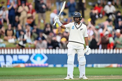 New Zealand's Rachin Ravindra reacts after scoring 50 runs on day three of the first cricket test match between New Zealand and Australia
on March 2, 2024.
