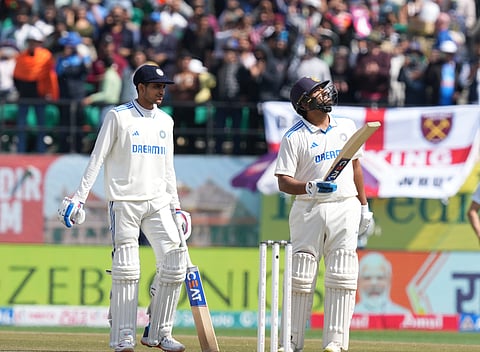 Rohit Sharma celebrates his ton as Shubman Gill looks on (Photo | PTI)