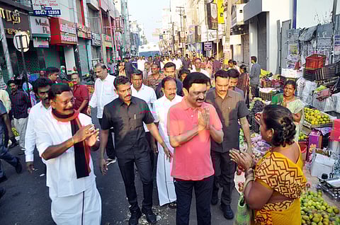 The nearly two-kilometre march through prominent stretches of Salem drew a large turnout of DMK cadres and supporters of alliance partners.