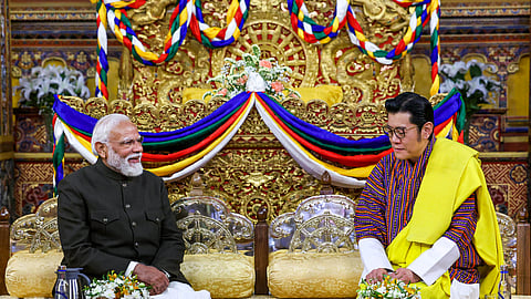 Prime Minister Narendra Modi with Bhutan's King Jigme Khesar Namgyel Wangchuck during a meeting at the Tashichho Dzong Palace, in Thimphu