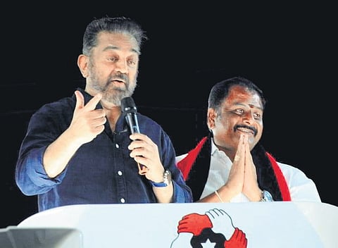 Kamal Haasan campaigning for DMK candidate at Veerappan Chathiram in Erode on Friday