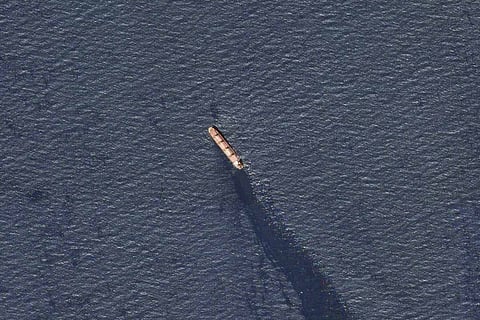 The Belize-flagged bulk carrier Rubymar is seen in the southern Red Sea near the Bay el-Mandeb Strait leaking oil after an attack by Yemen's Houthi rebels.