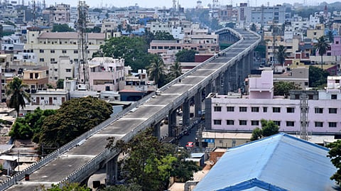 Aerial view of second level of Gandhipuram flyover connecting 100-feet road and Dr Rajendra Prasad road in Coimbatore.