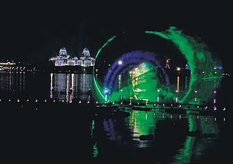 A laser light and sound show is underway at Sanjeevaiah Park on Tuesday.