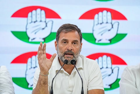 Congress leader Rahul Gandhi briefs the media, at AICC headquarters, in New Delhi, Thursday, March 21, 2024.