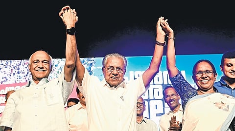 Chief Minister Pinarayi Vijayan with LDF’s Lok Sabha candidates Elamaram Kareem and K K Shailaja at the venue of CAA protest rally in Kozhikode