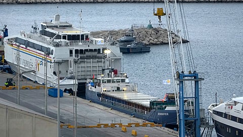 The second vessel, left, with food aid from aid group World Central Kitchen prepares to depart for Gaza, at Larnaca port, Cyprus.