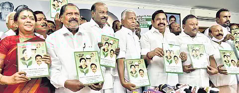 AIADMK general secretary Edappadi K Palaniswami and party leaders release the manifesto for the Lok Sabha poll on Friday.