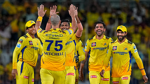 Chennai Super Kings' Mitchell with teammates celebrates after taking the wicket of Gujarat Titans' Vijay Shankar during the IPL T20 cricket match between Chennai Super Kings and Gujarat Titans, at MA Chidambaram Stadium in Chennai,