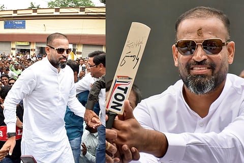 Former cricketer and TMC candidate Yusuf Pathan during an election campaign ahead of the upcoming Lok Sabha elections, at Berhampore in Murshidabad district, Thursday, March 21, 2024.