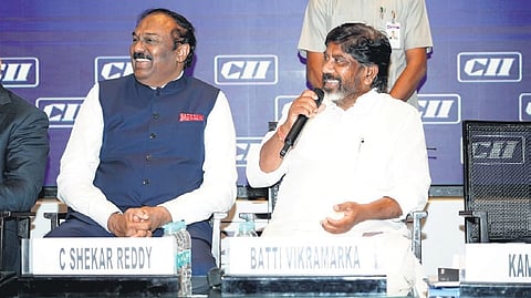 Deputy Chief Minister Mallu Bhatti Vikramarka speaks during the annual conference of the Confederation of Indian Industry (CII), in Hyderabad on Saturday